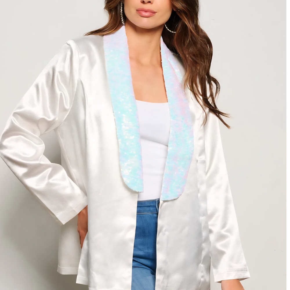 F118 NWT Fantastic Fawn White Satin Blazer Iridescent Collar Open Front Sm Md Lg